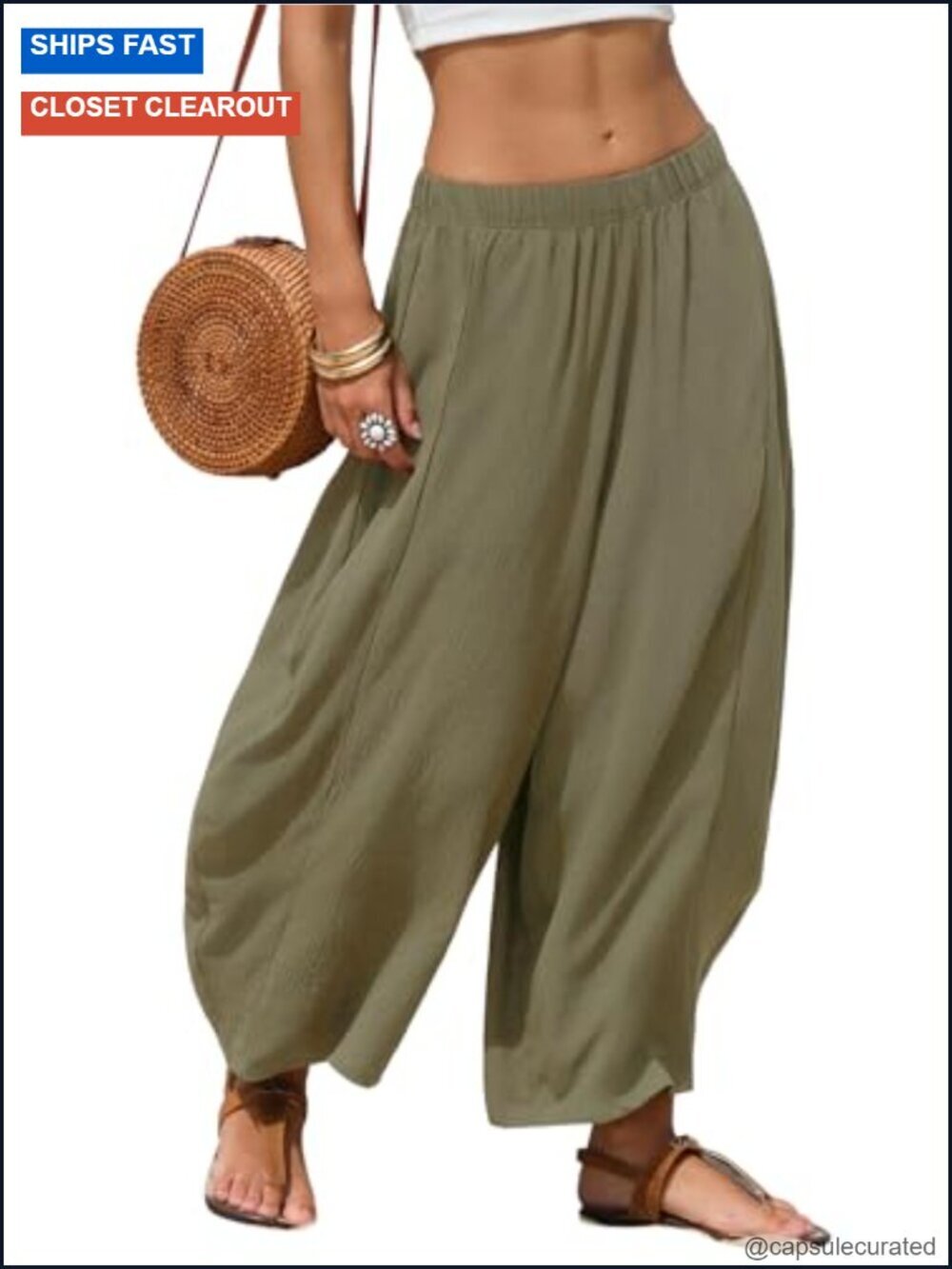 Faux Linen Wide Leg Boho Flowy Palazzo Pants Elastic Waist with Pockets